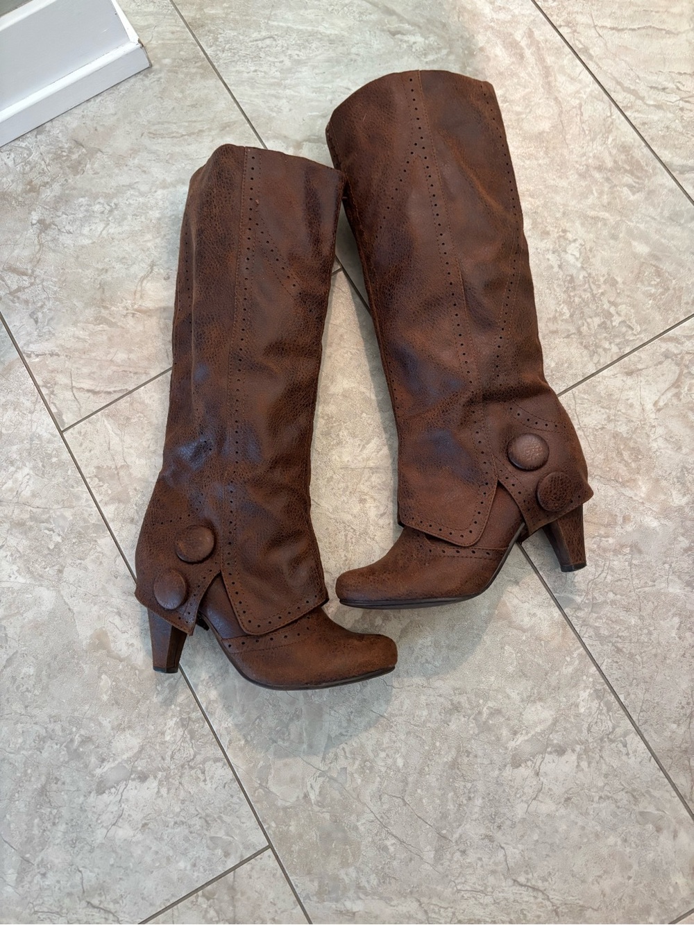 Not Rated Brown Knee-High Stacked Heel Boots with Button Accents